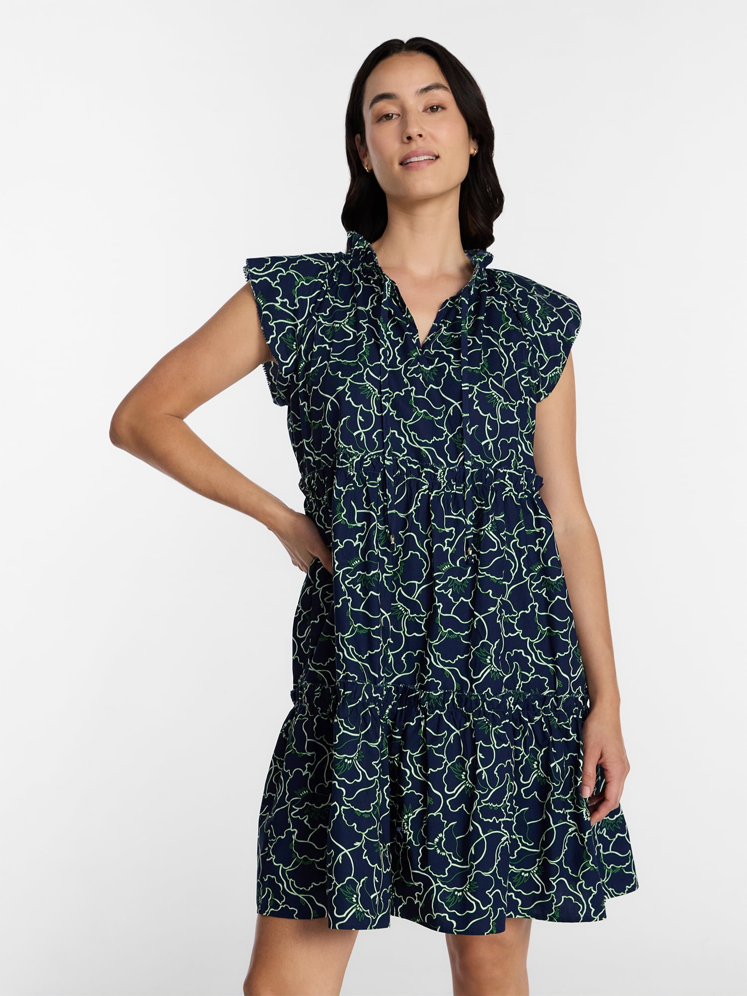 Time and Tru Women's and Women's Plus Tiered Cotton Mini Dress with Flutter Sleeves, Sizes XS-4X