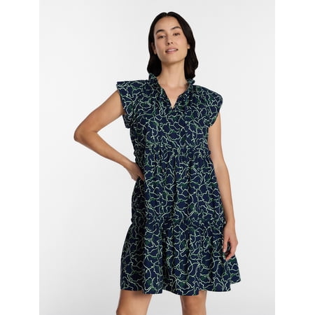 Time and Tru Women's Tiered Cotton Mini Dress with Flutter Sleeves, Sizes XS-4X