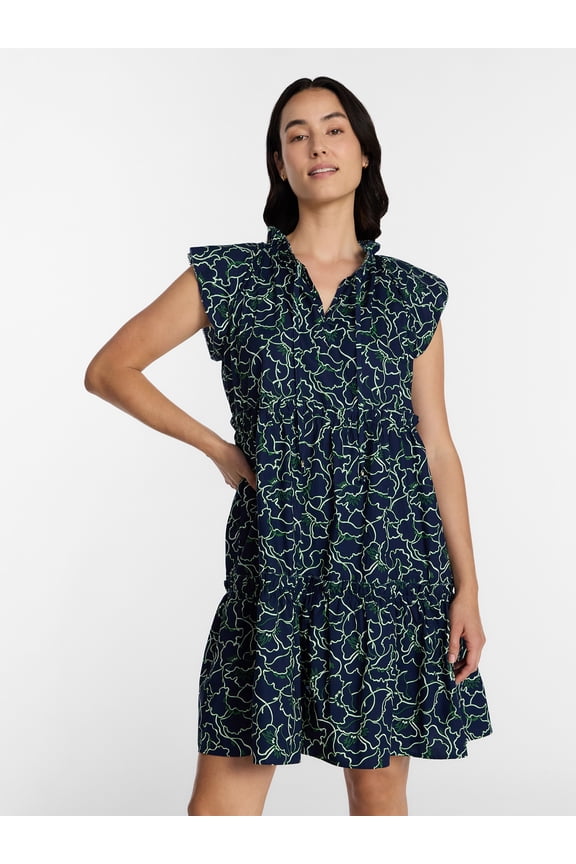 Women's Tiered Cotton Mini Dress with Flutter Sleeves, Sizes XS-4X