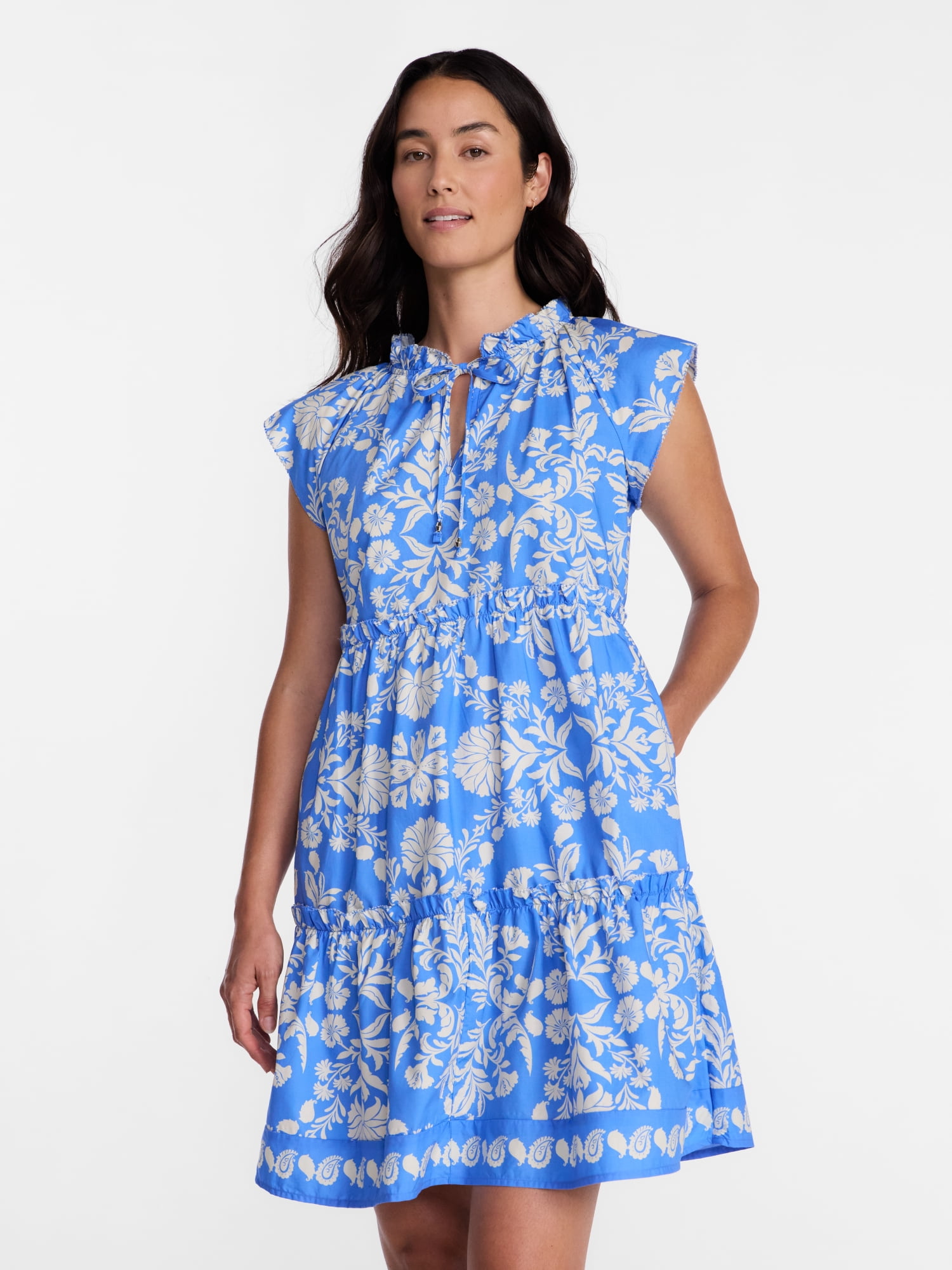 Time and Tru Women's and Women's Plus Tiered Cotton Mini Dress with Flutter Sleeves, Sizes XS-4X