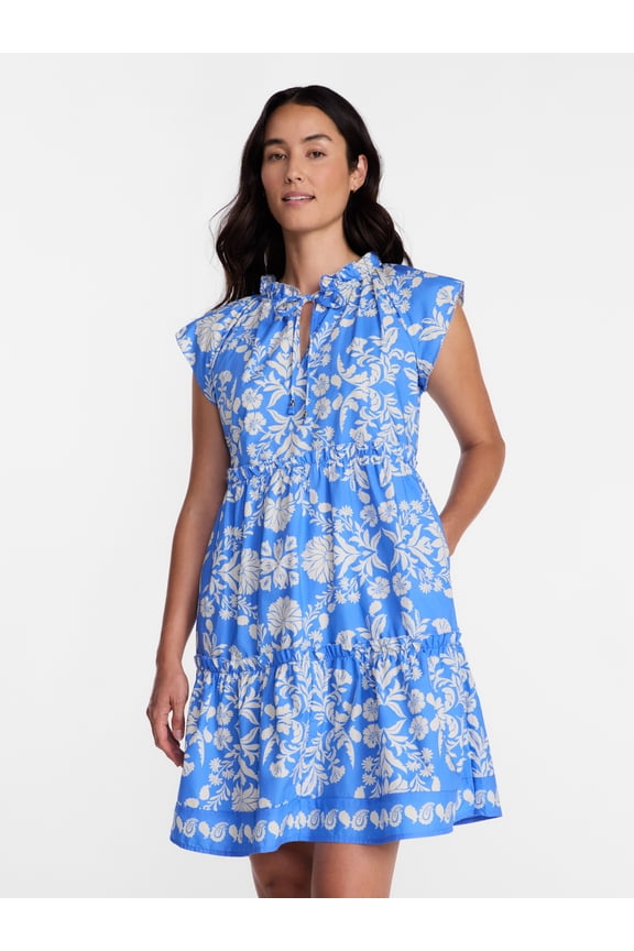 Women's and Women's Plus Tiered Cotton Mini Dress with Flutter Sleeves, Sizes XS-4X