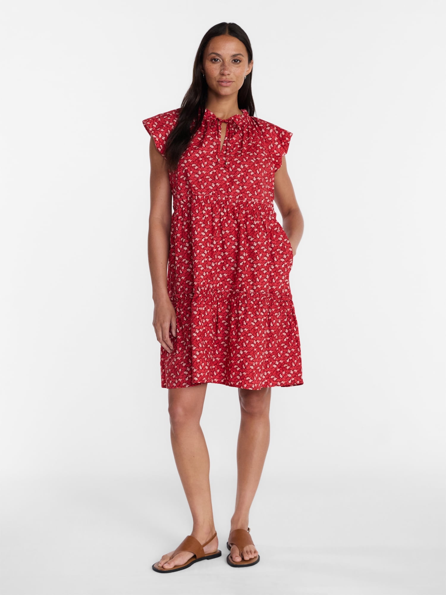 Time and Tru Women's Tiered Cotton Mini Dress with Flutter Sleeves, Sizes XS-4X
