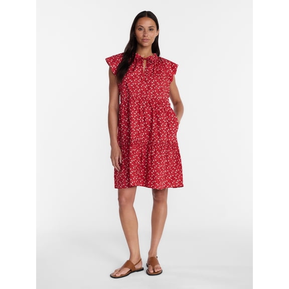 Time and Tru Women's and Women's Plus Tiered Cotton Mini Dress with Flutter Sleeves, Sizes XS-4X