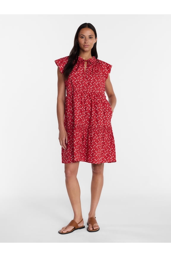 Women's and Women's Plus Tiered Cotton Mini Dress with Flutter Sleeves, Sizes XS-4X
