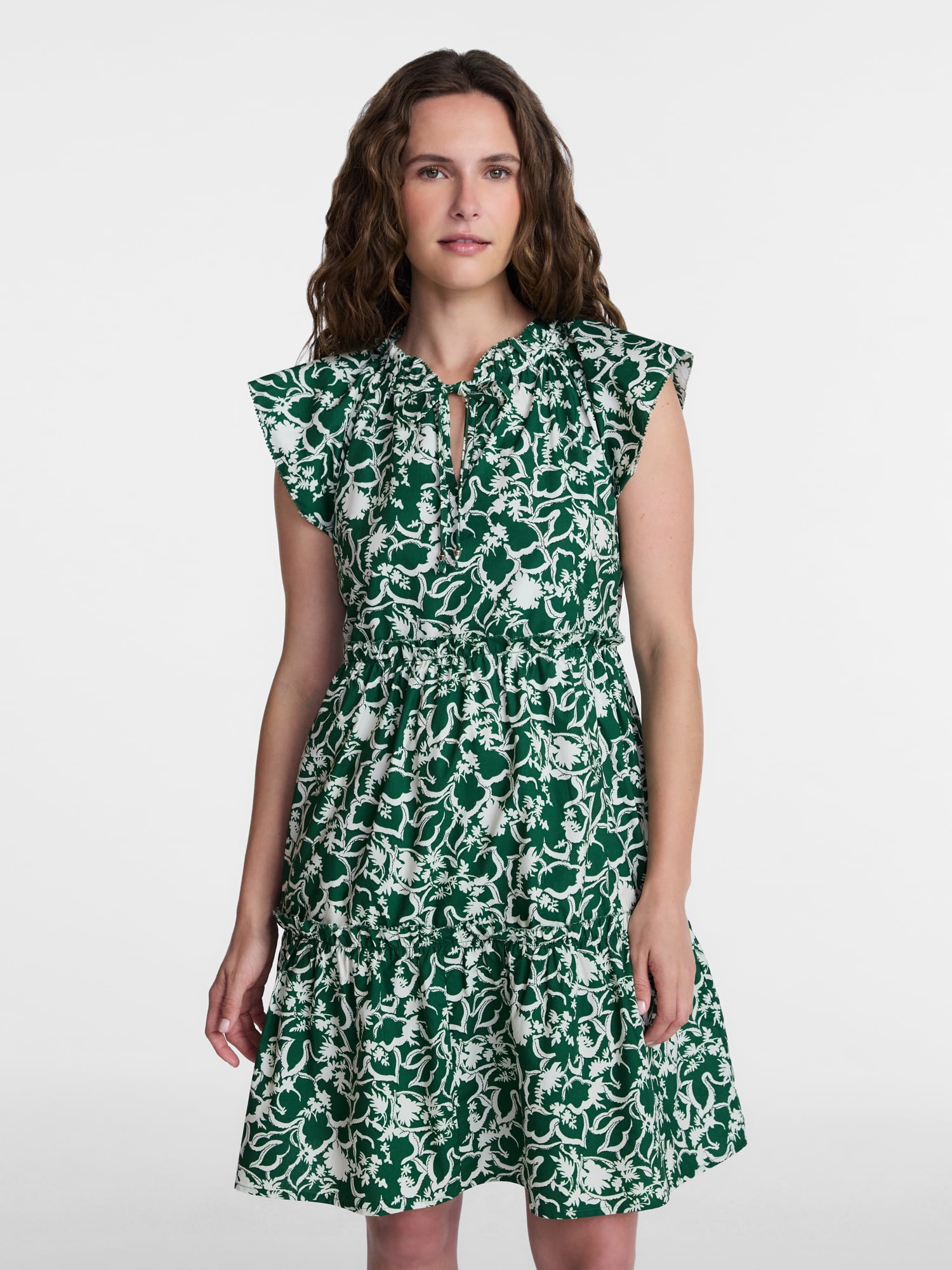 Time and Tru Women's and Women's Plus Tiered Cotton Mini Dress with Flutter Sleeves, Sizes XS-4X