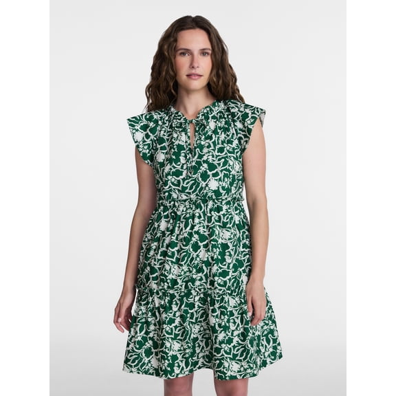 Time and Tru Women's and Women's Plus Tiered Cotton Mini Dress with Flutter Sleeves, Sizes XS-4X