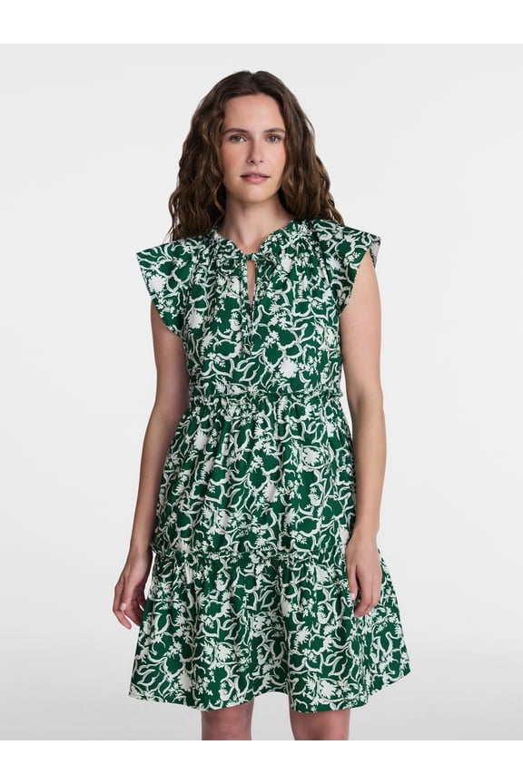 Women's and Women's Plus Tiered Cotton Mini Dress with Flutter Sleeves, Sizes XS-4X