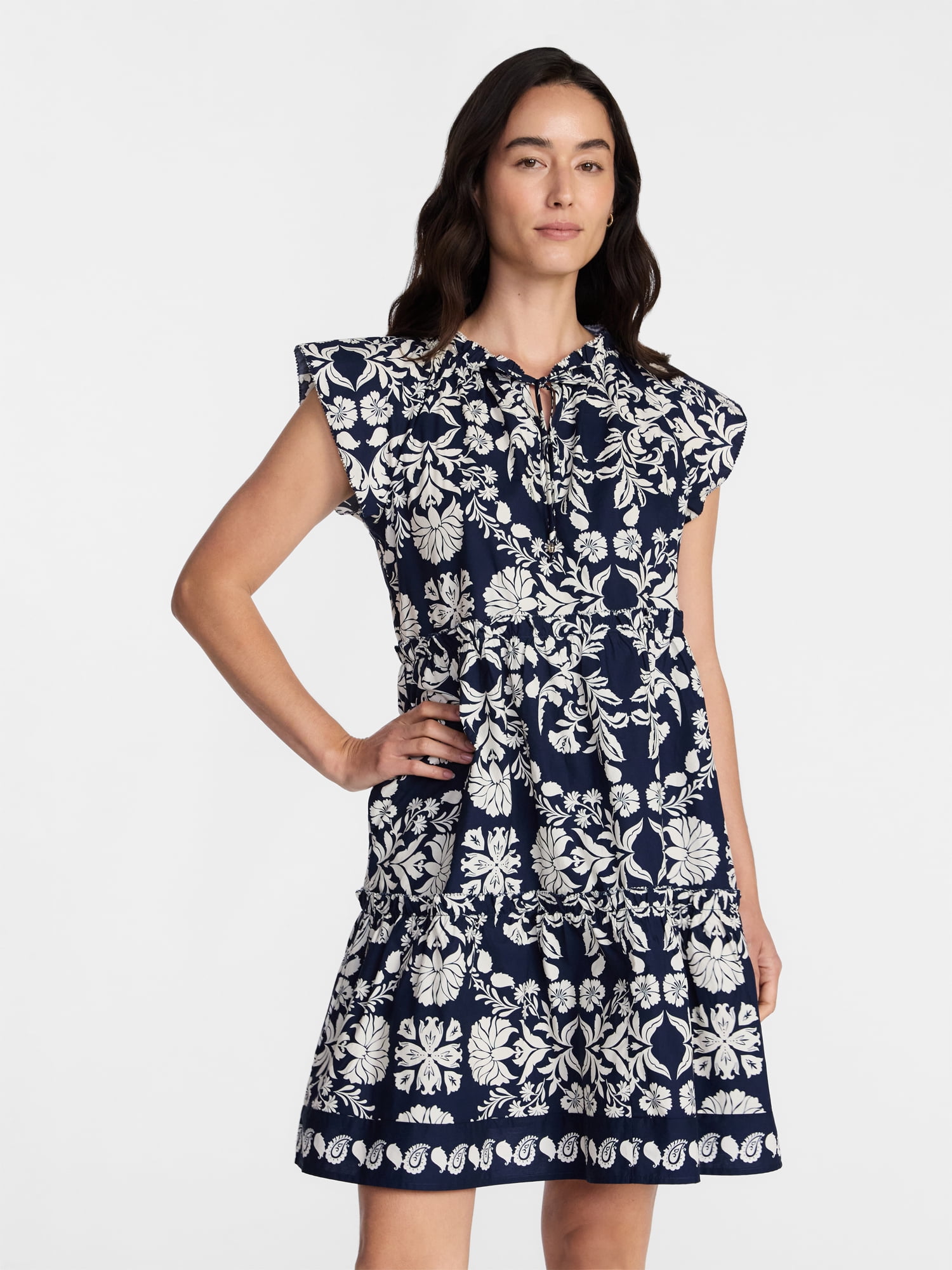 Time and Tru Women's and Women's Plus Tiered Cotton Mini Dress with Flutter Sleeves, Sizes XS-4X