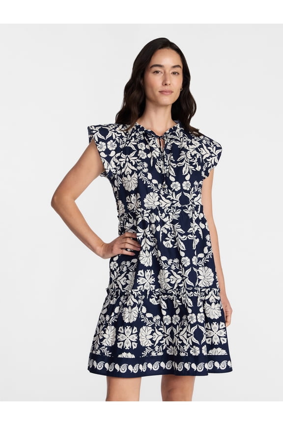 Women's and Women's Plus Tiered Cotton Mini Dress with Flutter Sleeves, Sizes XS-4X