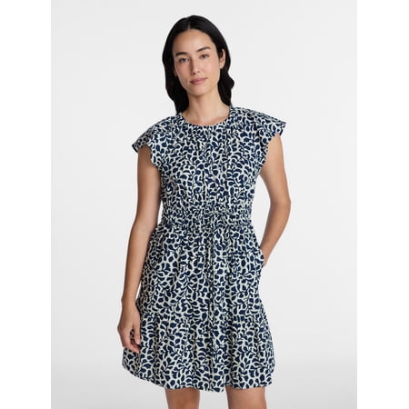 Time and Tru Women's Cinched Waist Mini Dress with Flutter Sleeves, Sizes XS-XXXL