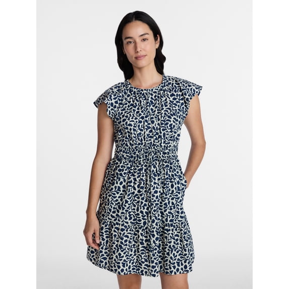 Time and Tru Women's Cinched Waist Mini Dress with Flutter Sleeves, Sizes XS-XXXL