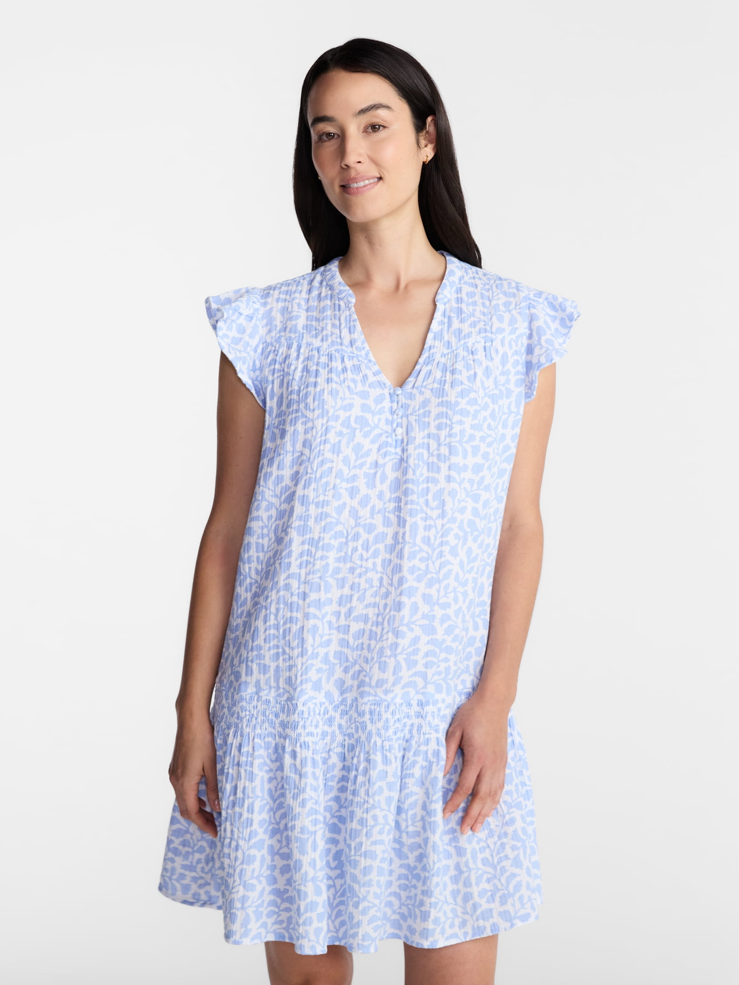 Time and Tru Women's Double Cloth Mini Dress with Flutter Sleeves, Sizes XS-XXXL