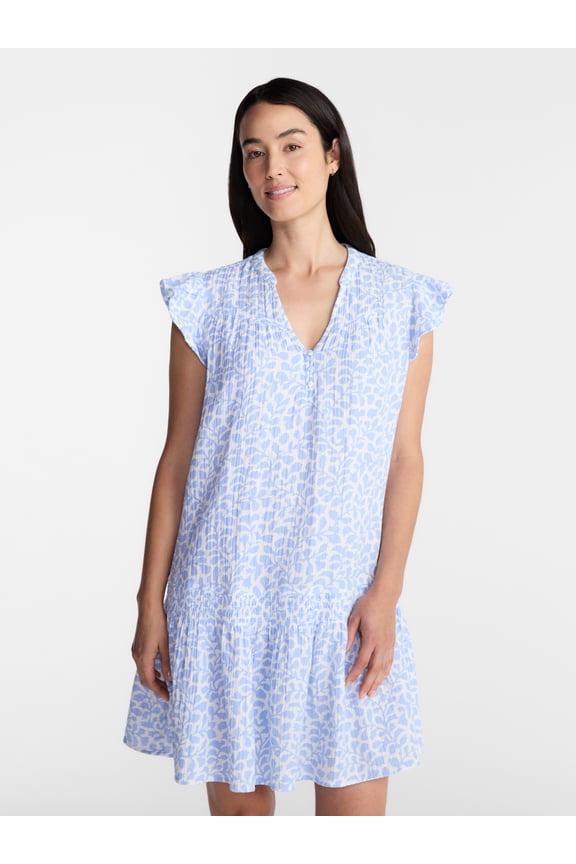 Women's Double Cloth Mini Dress with Flutter Sleeves, Sizes XS-XXXL