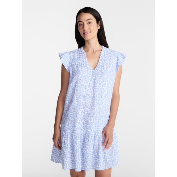 Time and Tru Women's Double Cloth Mini Dress with Flutter Sleeves, Sizes XS-XXXL