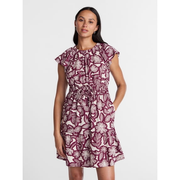 Time and Tru Women's Cinched Waist Mini Dress with Flutter Sleeves, Sizes XS-XXXL