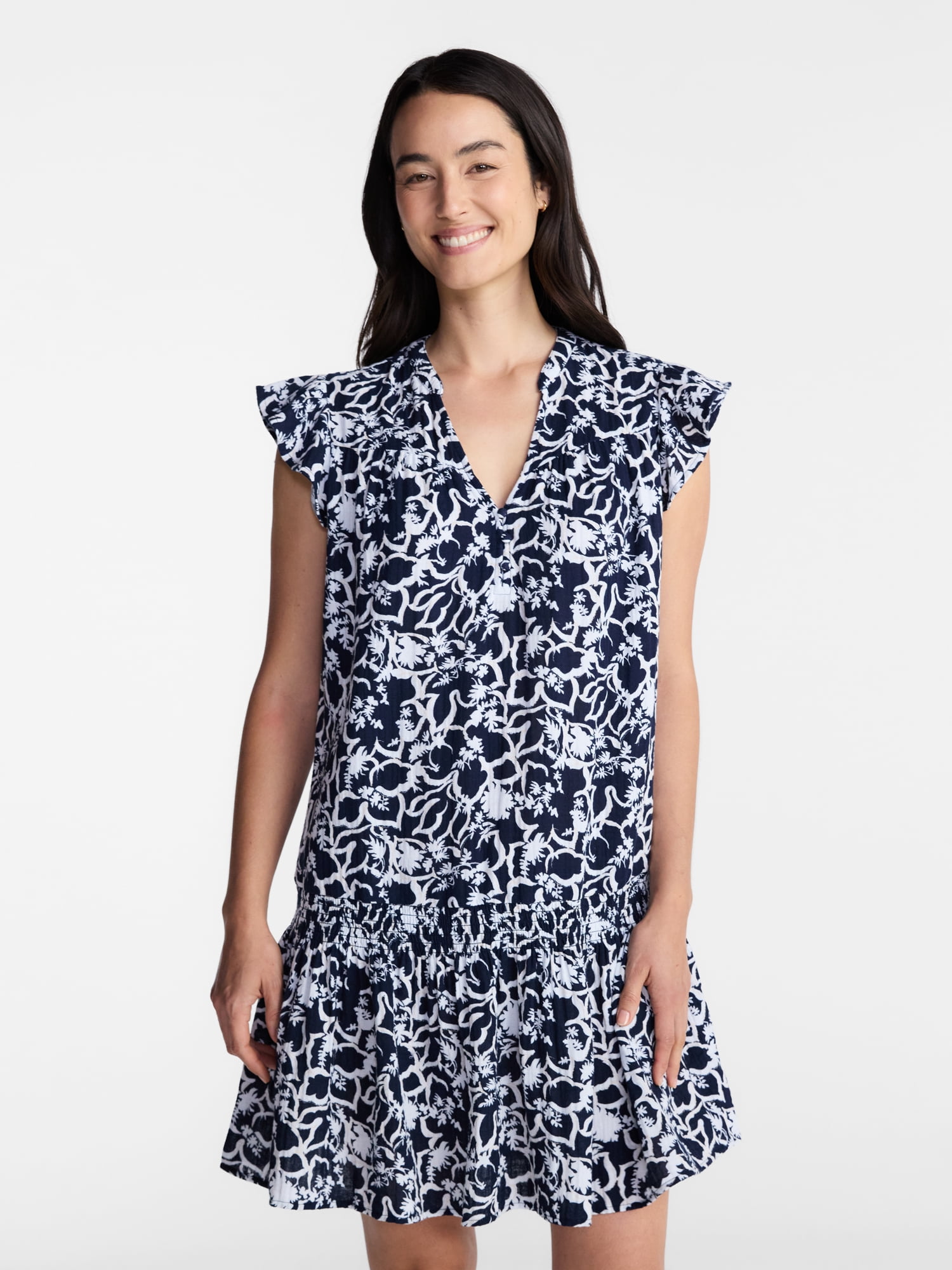 Time and Tru Women's Double Cloth Mini Dress with Flutter Sleeves, Sizes XS-XXXL