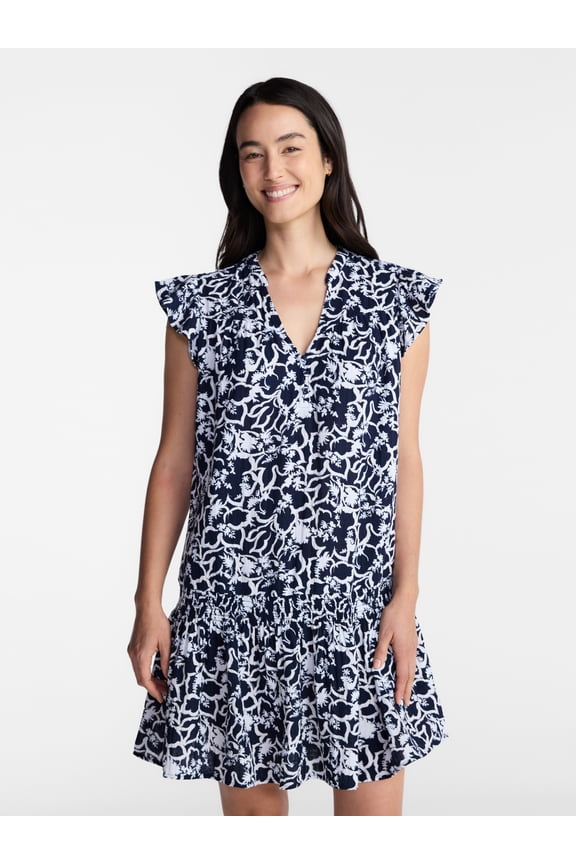 Women's Double Cloth Mini Dress with Flutter Sleeves, Sizes XS-XXXL