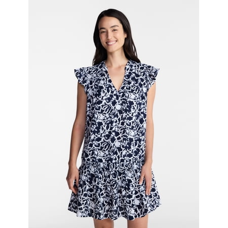 Time and Tru Women's Double Cloth Mini Dress with Flutter Sleeves, Sizes XS-XXXL