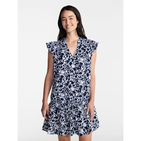 Women's Double Cloth Mini Dress with Flutter Sleeves, Sizes XS-XXXL