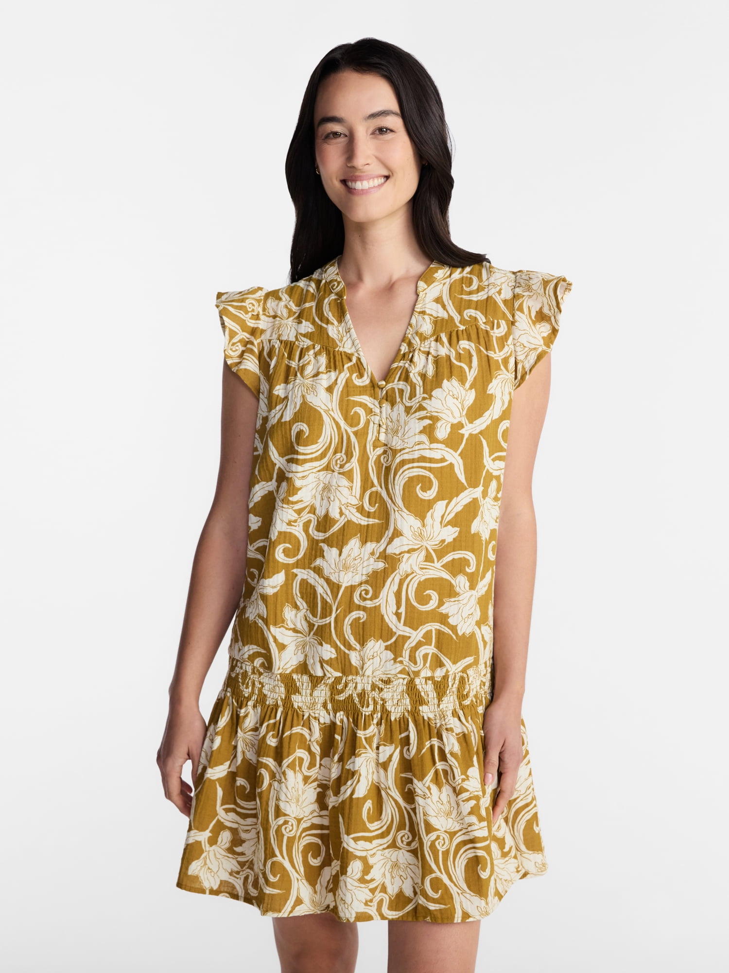 Time and Tru Women's Double Cloth Mini Dress with Flutter Sleeves, Sizes XS-XXXL