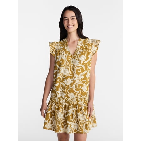 Time and Tru Women's Double Cloth Mini Dress with Flutter Sleeves, Sizes XS-XXXL