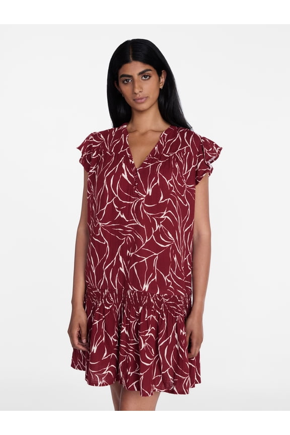 Women's Double Cloth Mini Dress with Flutter Sleeves, Sizes XS-XXXL