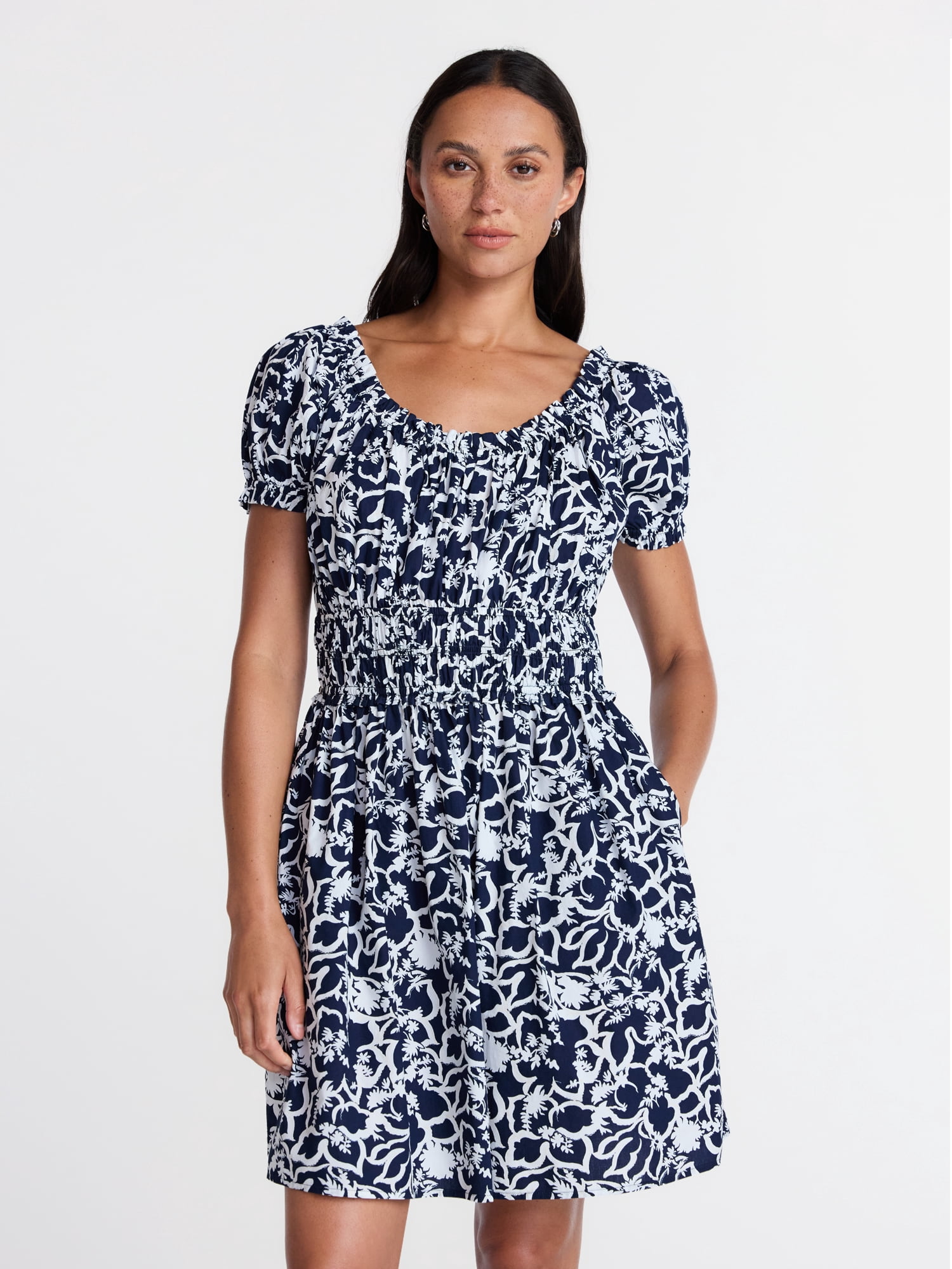 Time and Tru Women's and Women's Plus Peasant Mini Dress With Puff Sleeves, Sizes XS-4X
