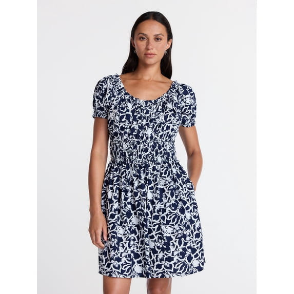 Time and Tru Women's and Women's Plus Peasant Mini Dress With Puff Sleeves, Sizes XS-4X