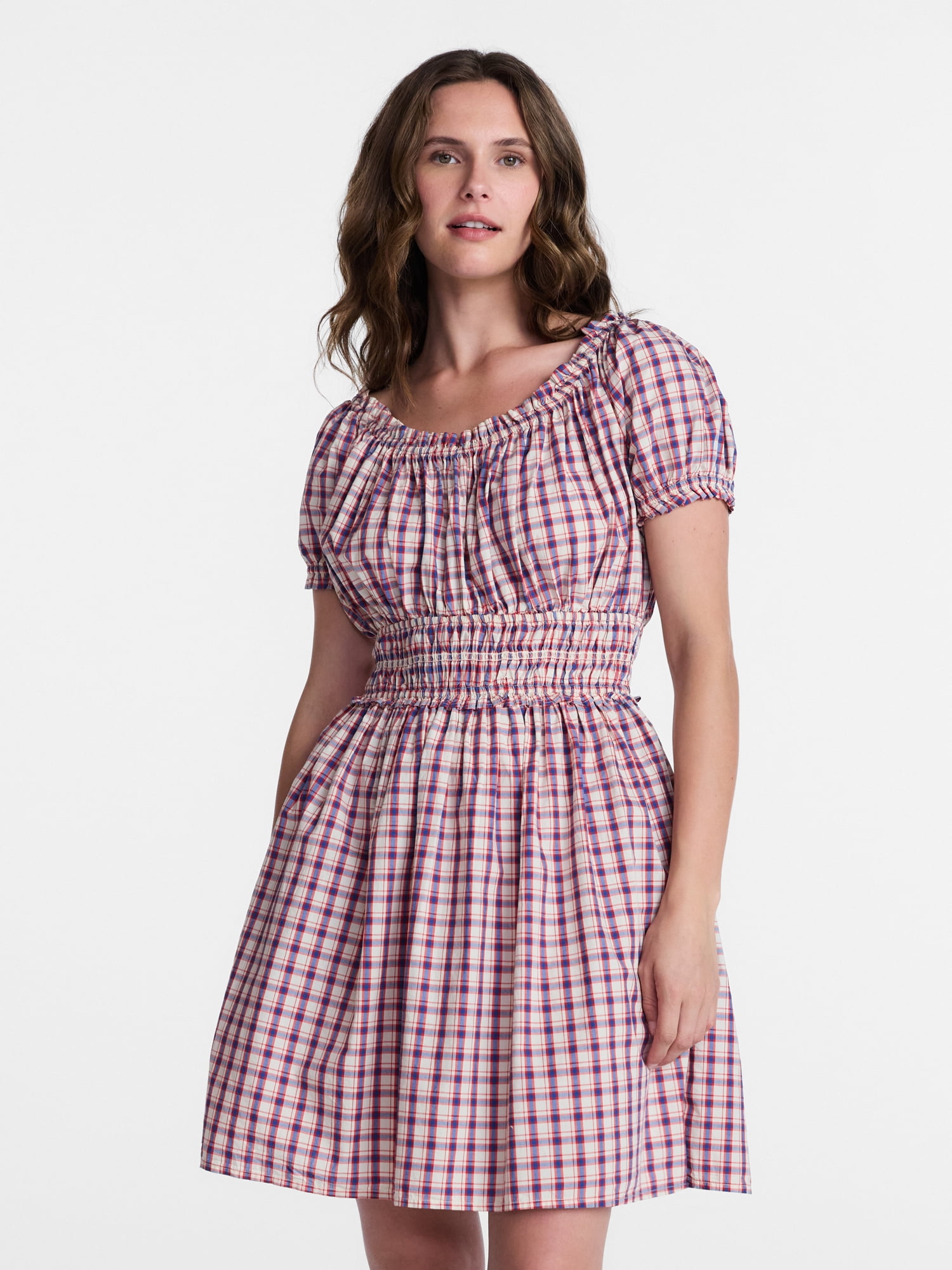 Time and Tru Women's and Women's Plus Cotton Peasant Mini Dress With Puff Sleeves, Sizes XS-4X
