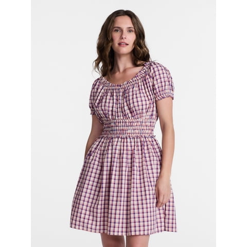 Time and Tru Women's Cotton Peasant Mini Dress With Puff Sleeves, Sizes XS-4X