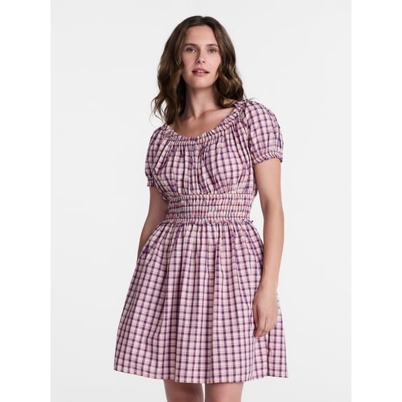 Time and Tru Women's and Women's Plus Cotton Peasant Mini Dress With Puff Sleeves, Sizes XS-4X