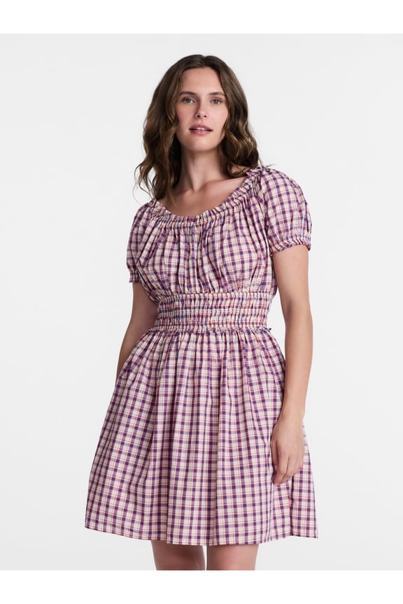 Women's Cotton Peasant Mini Dress With Puff Sleeves, Sizes XS-4X