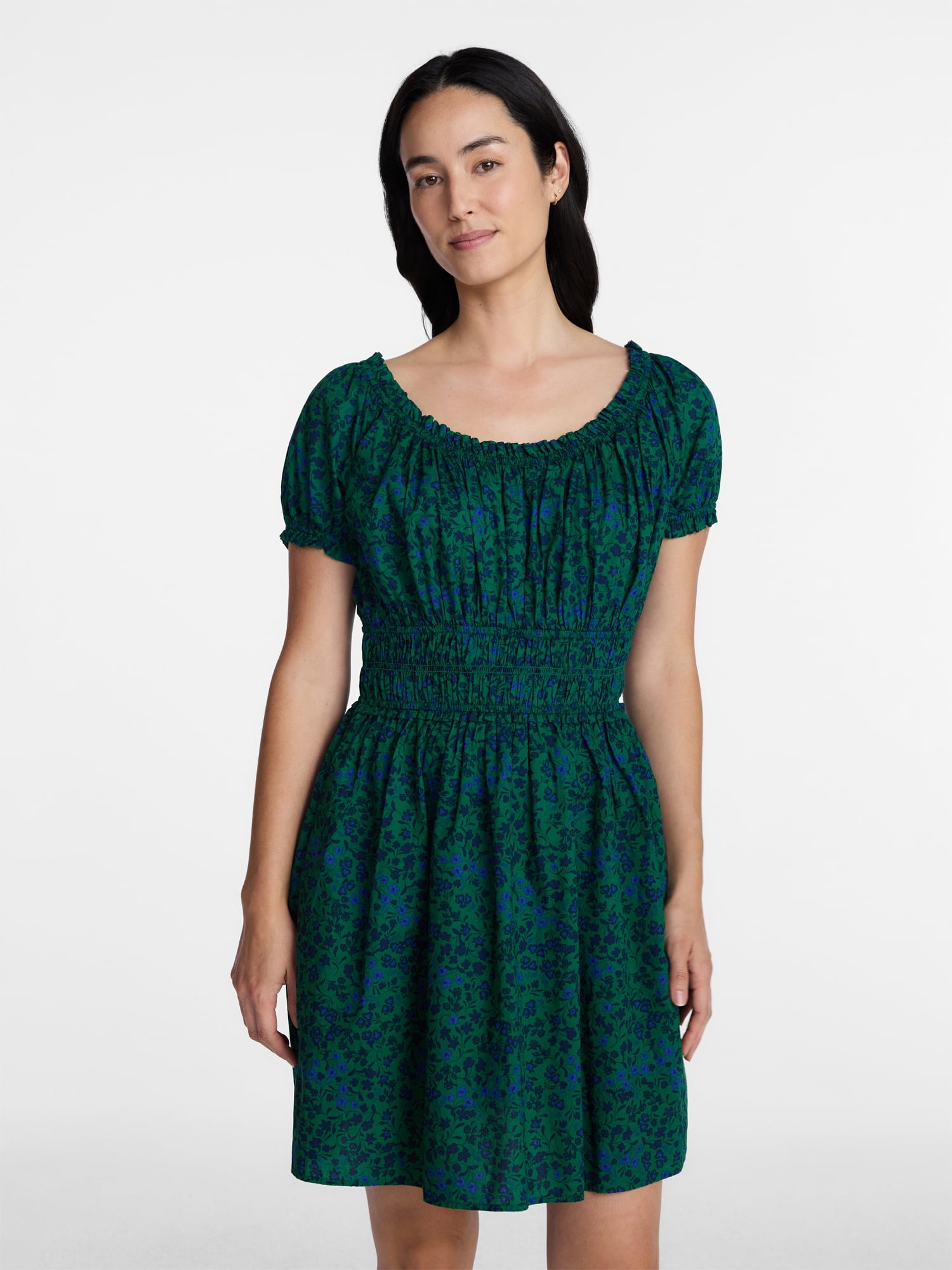 Time and Tru Women's and Women's Plus Cotton Peasant Mini Dress With Puff Sleeves, Sizes XS-4X