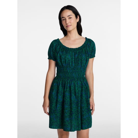 Time and Tru Women's and Women's Plus Cotton Peasant Mini Dress With Puff Sleeves, Sizes XS-4X