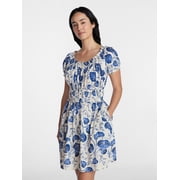 Women's and Women's Plus Cotton Peasant Mini Dress With Puff Sleeves, Sizes XS-4X