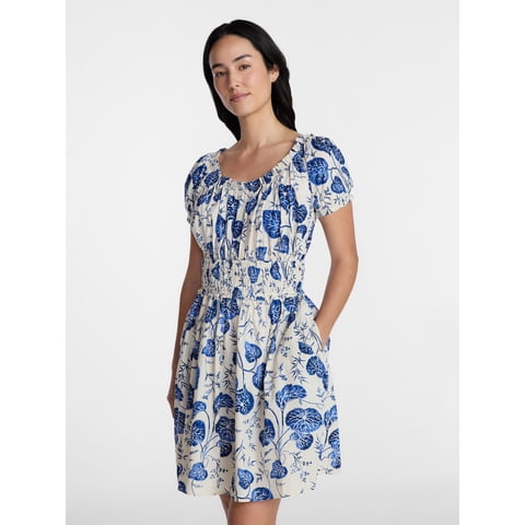 Women's Cotton Peasant Mini Dress With Puff Sleeves, Sizes XS-4X