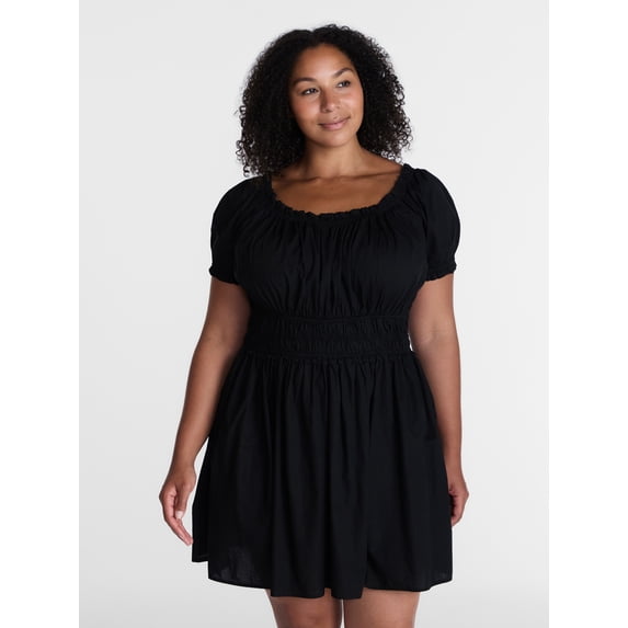 Time and Tru Women's Peasant Mini Dress with Puff Sleeves, Sizes XS-XXXL