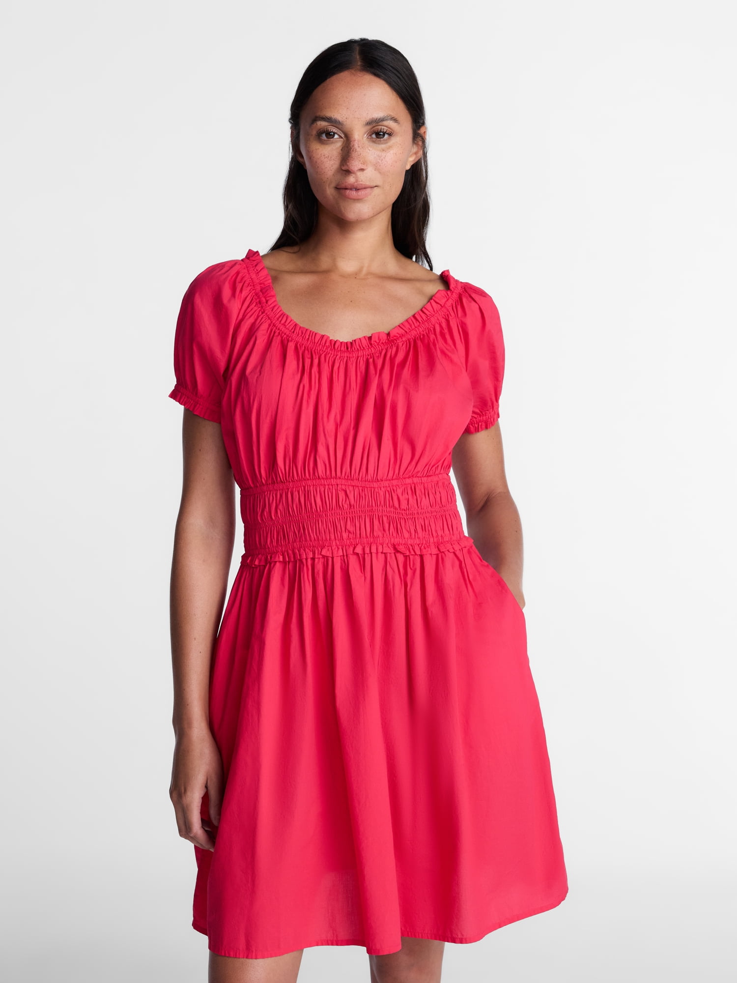 Time and Tru Women's and Women's Plus Peasant Mini Dress With Puff Sleeves, Sizes XS-4X