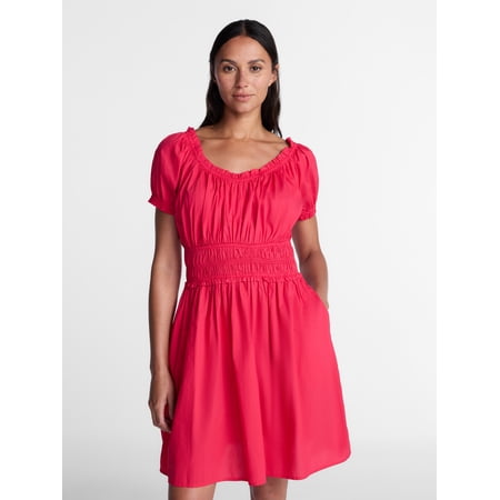 Time and Tru Women's Cotton Peasant Mini Dress With Puff Sleeves, Sizes XS-4X