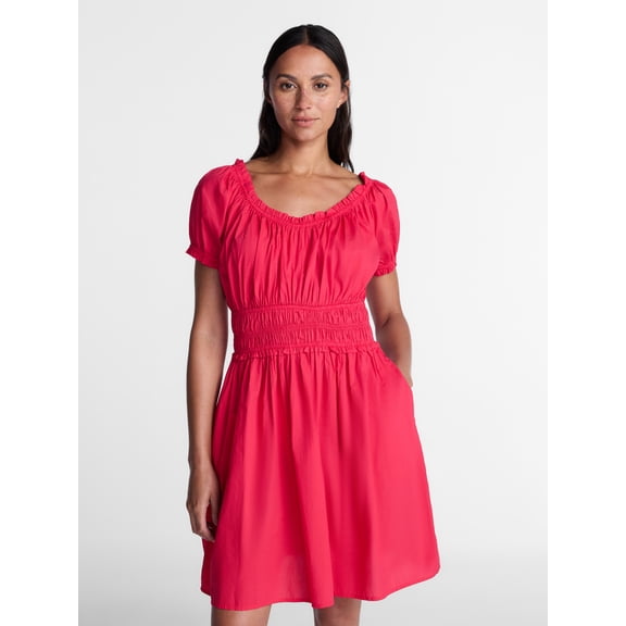 Time and Tru Women's Cotton Peasant Mini Dress With Puff Sleeves, Sizes XS-4X
