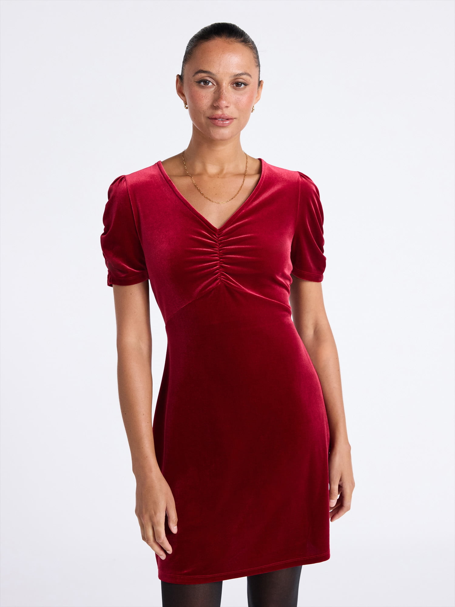strapless open back dress V Neck Puff Sleeve Velvet Dress Clay / L