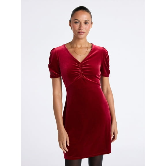 Time and Tru Women's Velvet Mini Dress with Puff Sleeves, Sizes XS-XXXL