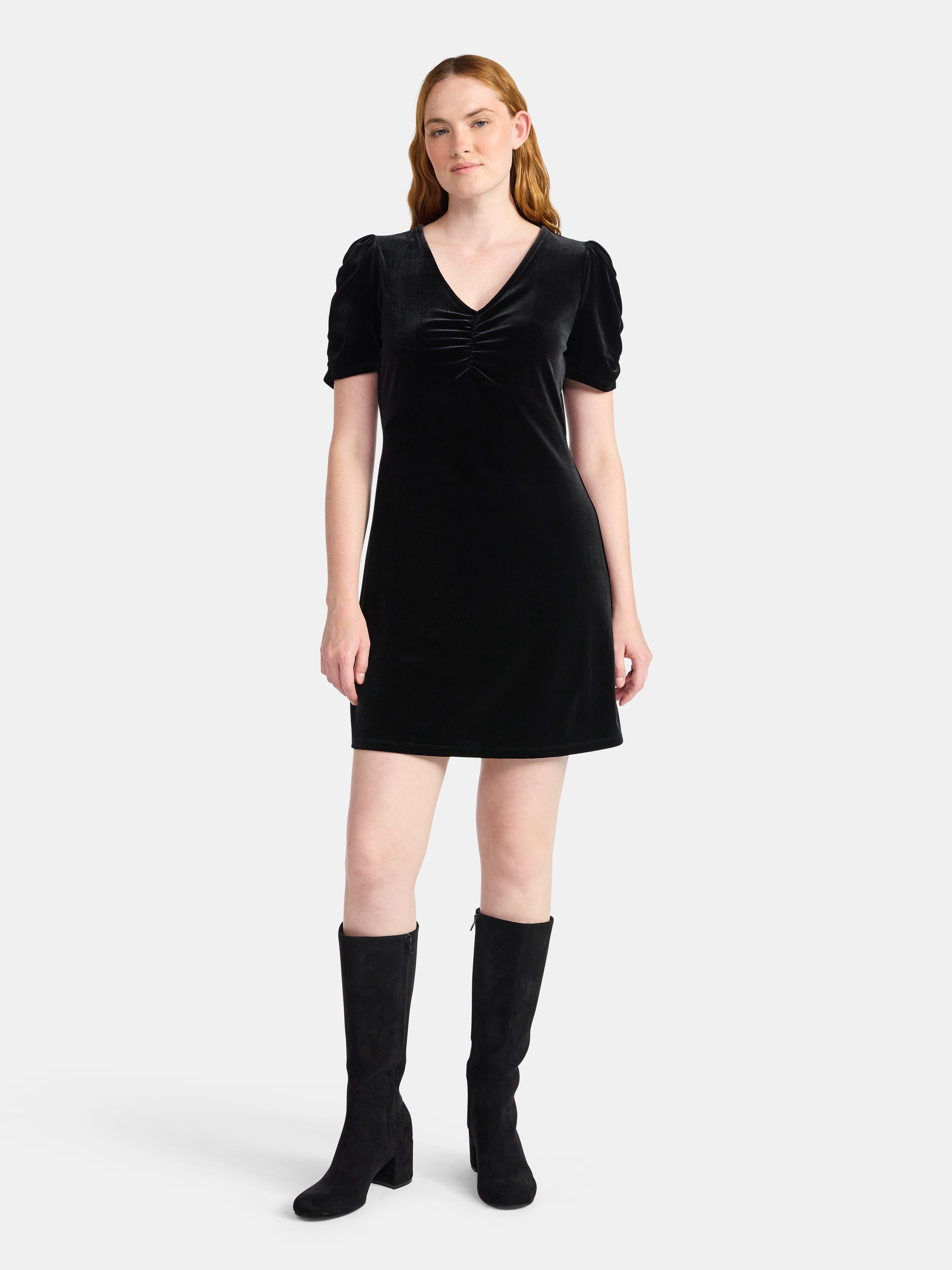 Time and Tru Women's Velvet Mini Dress with Puff Sleeves, Sizes XS-XXXL