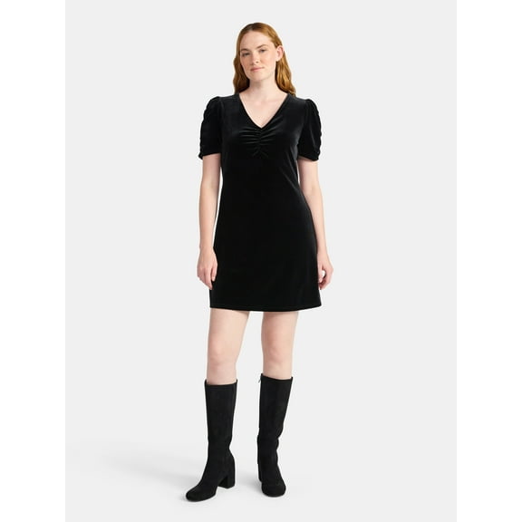 Time and Tru Women's Velvet Mini Dress with Puff Sleeves, Sizes XS-XXXL