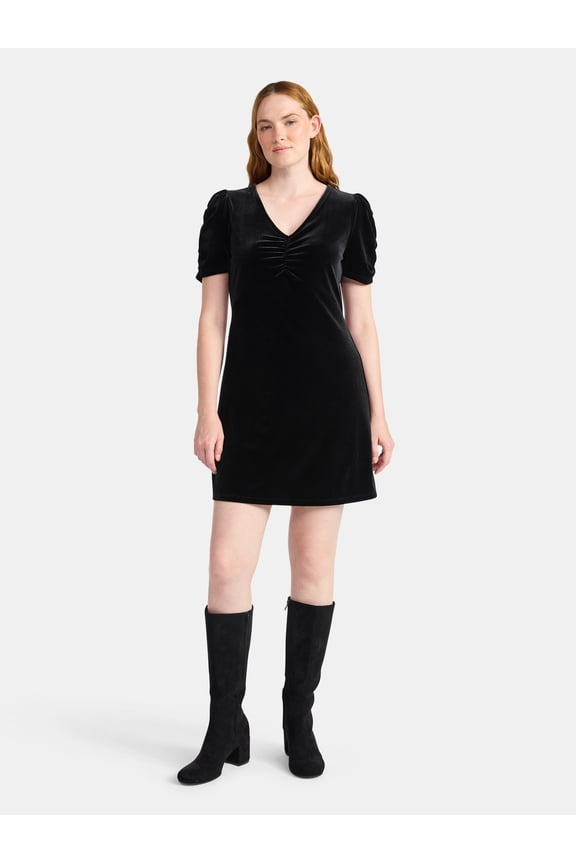 Women's Velvet Mini Dress with Puff Sleeves, Sizes XS-XXXL