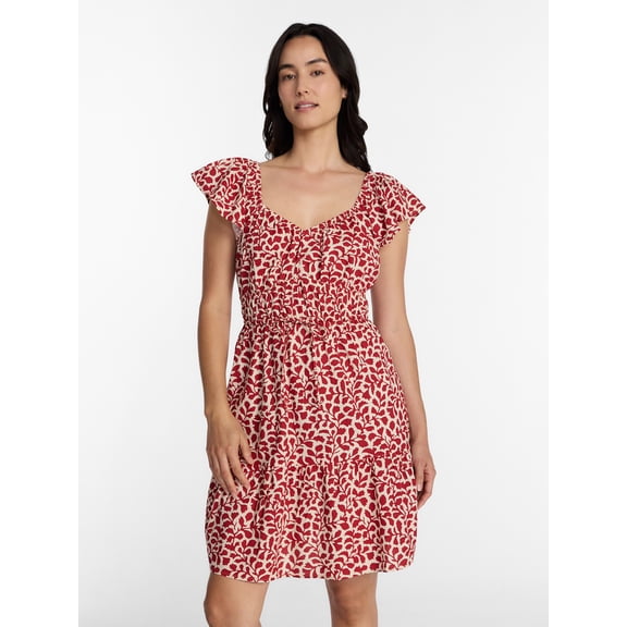 Time and Tru Women's Tie Waist Mini Dress with Flutter Sleeves, Sizes XS-XXXL