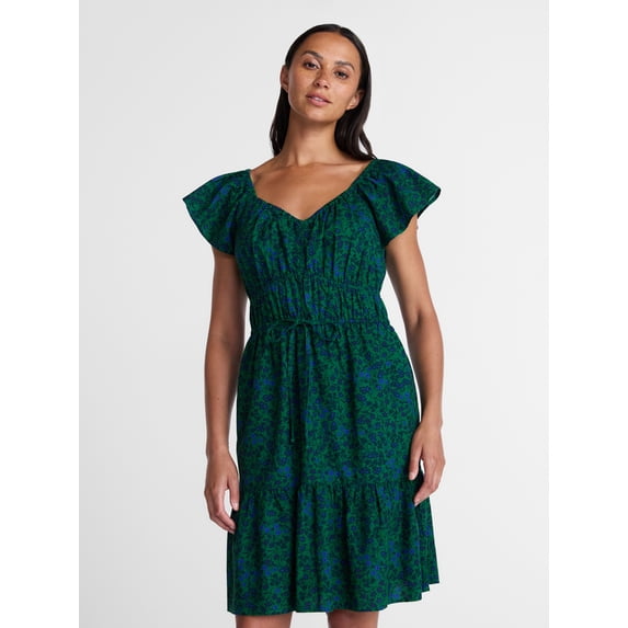 Time and Tru Women's Tie Waist Mini Dress with Flutter Sleeves, Sizes XS-XXXL