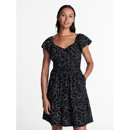 Time and Tru Women's Tie Waist Mini Dress with Flutter Sleeves, Sizes XS-XXXL