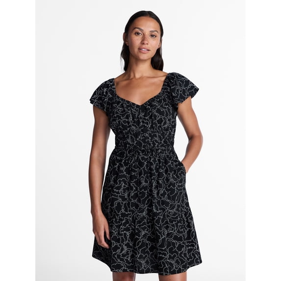 Time and Tru Women's Tie Waist Mini Dress with Flutter Sleeves, Sizes XS-XXXL