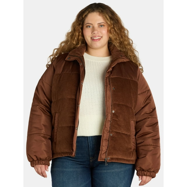 Time and Tru Women's and Women’s Plus Mixed Media Puffer Jacket, Sizes XS-3X